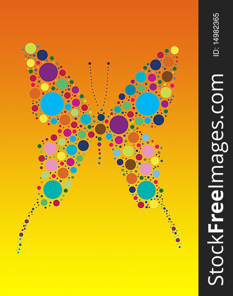 Dots colored butterfly on orange gradient background