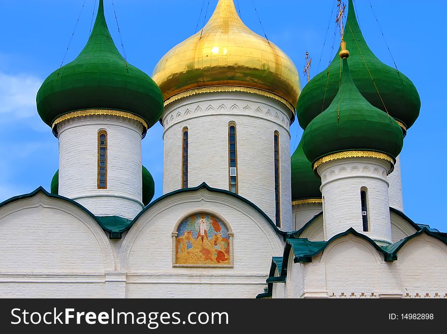 Domes of russian Christian chrurch: four green and one golden. Domes of russian Christian chrurch: four green and one golden.