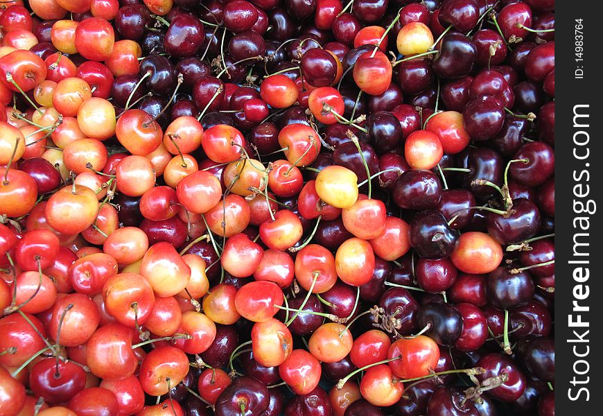 Many red and sweet cherries on a market