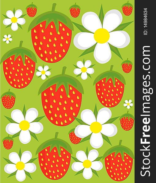 Strawberries and flowers over green background. Vector illustration. Strawberries and flowers over green background. Vector illustration