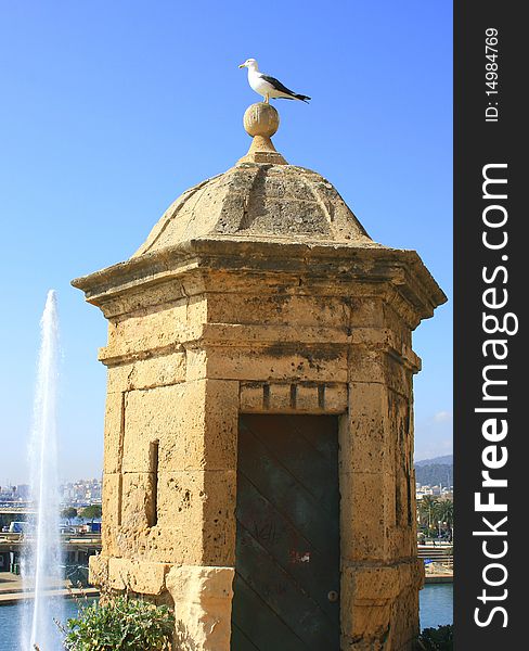 A Seagull perched atop a small watchtower in Mallorca. A Seagull perched atop a small watchtower in Mallorca.
