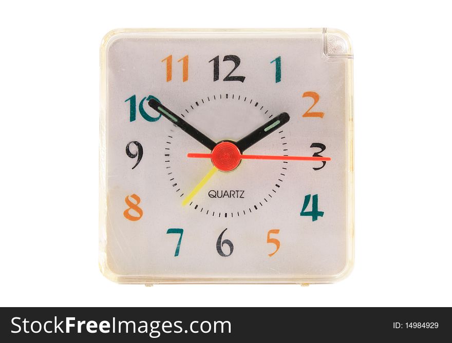 Isolated plastic alarm clock on the white background
