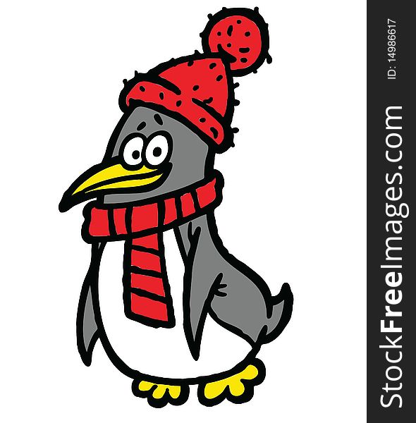 Penguin in scarf and hat illustration