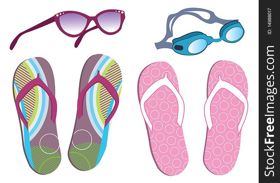 Vector fashion summer shoes and sunglasses on white. Vector fashion summer shoes and sunglasses on white