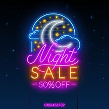 Night Sale Neon Sign On A Starry Sky Background. Light Banner With Moon, Clouds And Stars. Royalty Free Stock Images