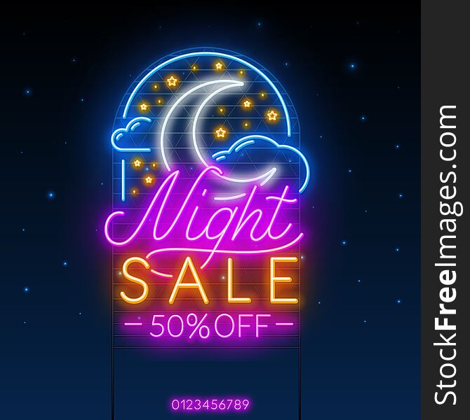 Night sale neon sign on a starry sky background. Light banner with moon, clouds and stars.