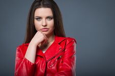 Fashionable Style, Fashion Women`s Clothing, Color Combination. Beautiful Brunette Girl In White Dress And Red Leather Jacket Royalty Free Stock Photos