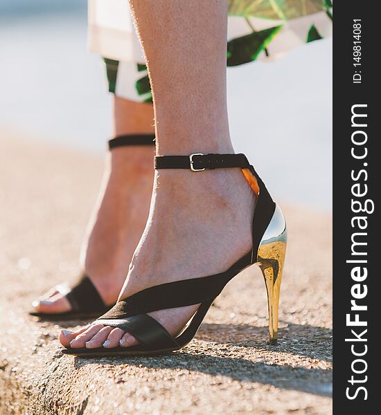 Woman Feet In High Heels Summer Shoes