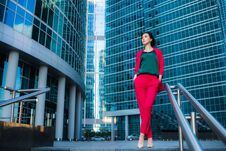 Street Fashion Business Style, Attractive Model On Skyscrapers Background. Stock Images