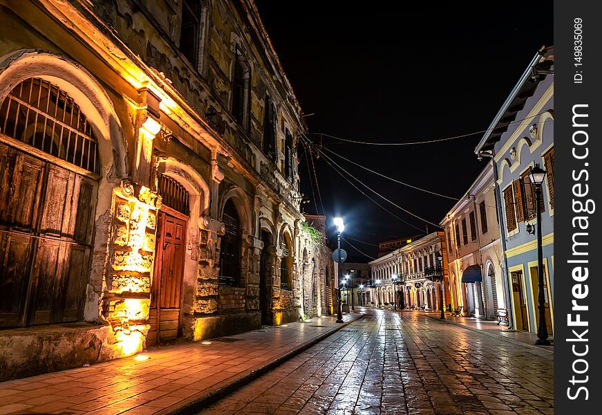 Stylish historical streets in old town at night in Shkoder, Albania without people. Stylish historical streets in old town at night in Shkoder, Albania without people