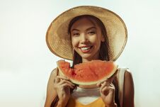 Close-up Face Portrait Of Woman Keeping Watermelon Piece In Hands. Royalty Free Stock Photography