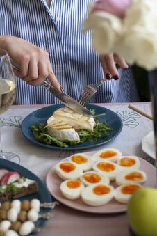 A Gourmet Lunch For Two: Grilled Camembert, Rye Bread Sandwiches, Various Appetizers And Wine Royalty Free Stock Photo A Gourmet Lunch For Two: Grilled Camembert, Rye Bread Sandwiches, Various Appetizers And Wine Royalty Free Stock Photo