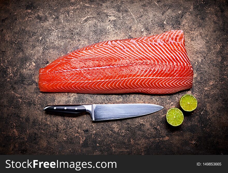 Fresh salmon steak red fish on grunge