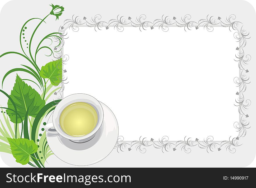 Cup with tea on the floral background. Card. Illustration