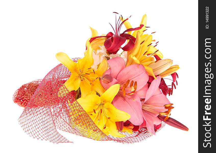 Bouquet lily flowers, on a white background is isolated. Bouquet lily flowers, on a white background is isolated.