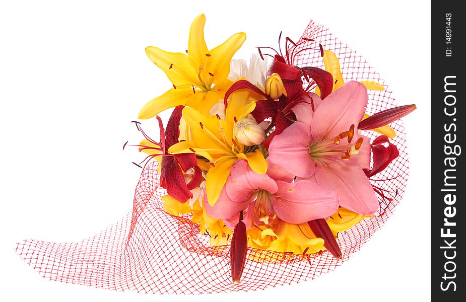 Bouquet lily flowers, on a white background is isolated. Bouquet lily flowers, on a white background is isolated.