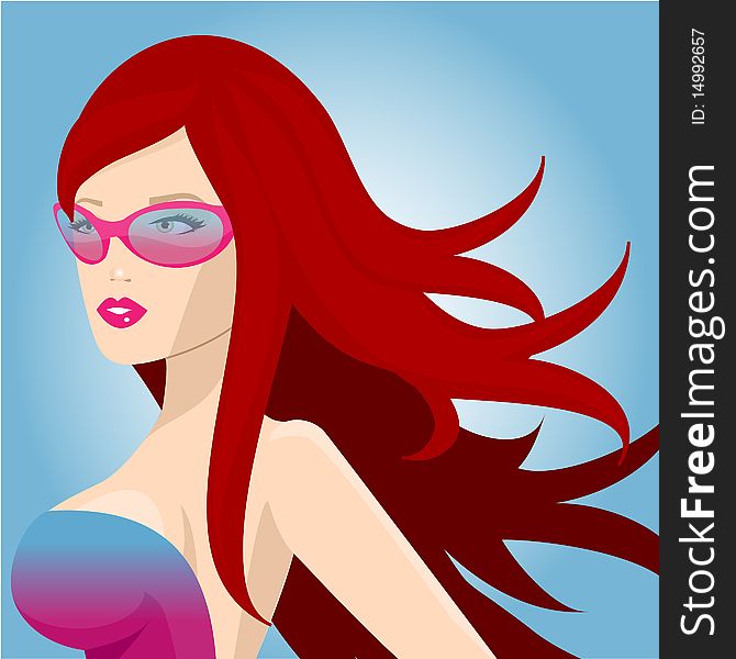 Red head with long flowing hair wearing sunglasses. Red head with long flowing hair wearing sunglasses