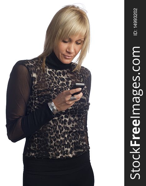 Beautiful blonde woman portrait with mobile phone. Beautiful blonde woman portrait with mobile phone