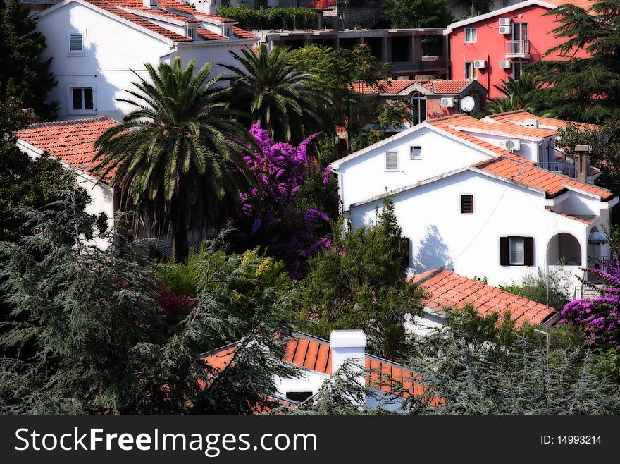 Bleached small houses with tile roofs in greens. Budva, Montenegro. Bleached small houses with tile roofs in greens. Budva, Montenegro.