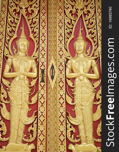 Detail of the door in buddhist temple at Wat muang,Aungthong,Thailand