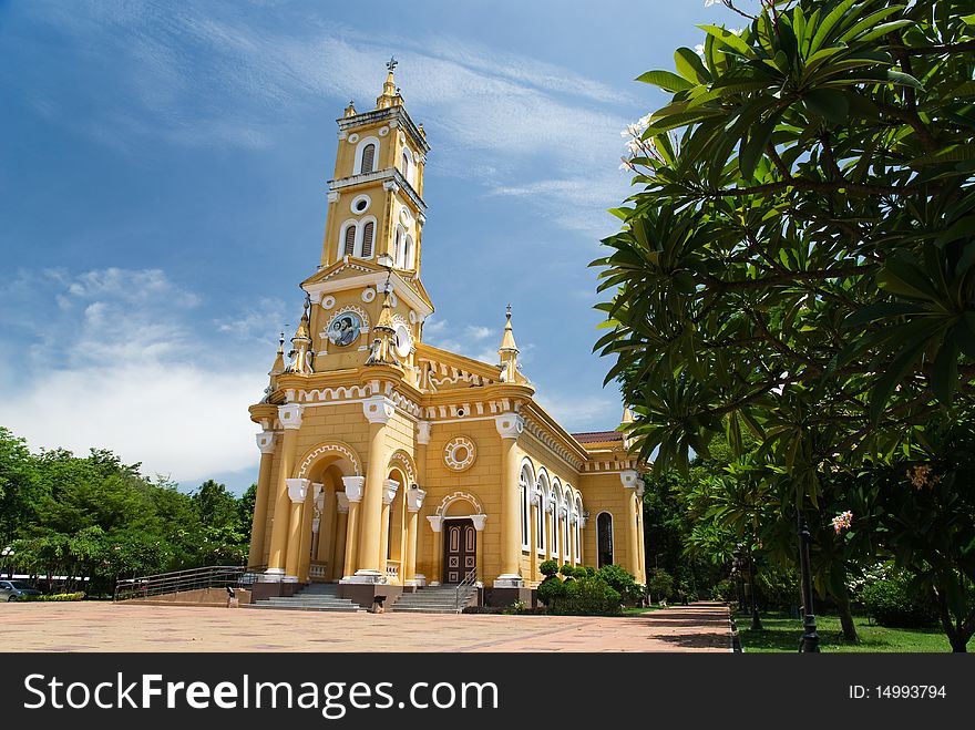 Yellow church and blue sky,Ayutthaya,Thailand