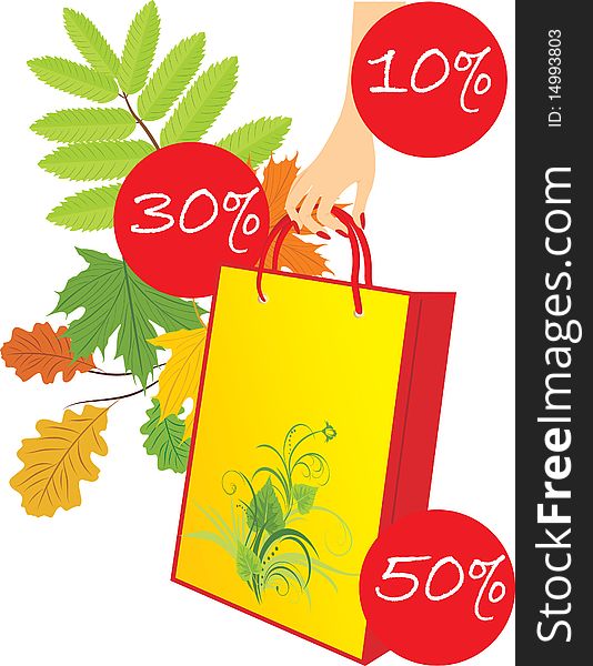 Package in a woman hand on the leafy background. Seasonal discounts. Illustration