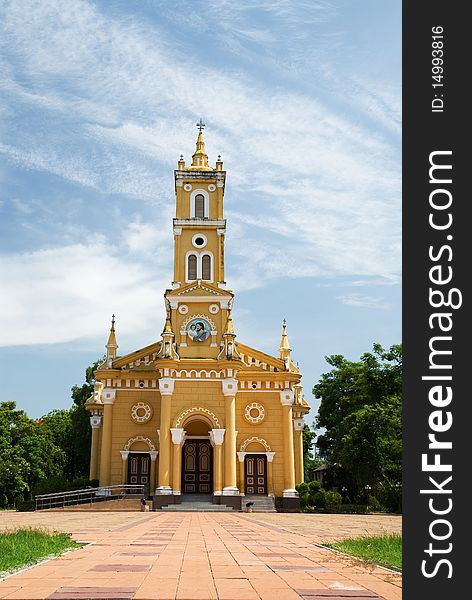 Yellow church and blue sky,Ayutthaya,Thailand
