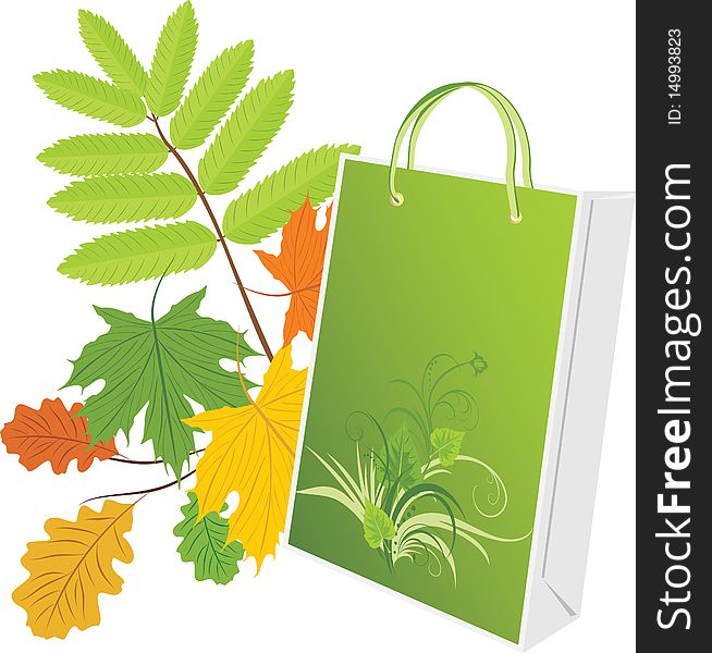 Package on the leafy background. Illustration