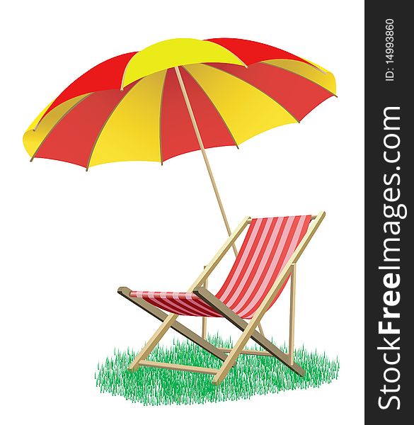 A beach deck-chair standing near an umbrella.