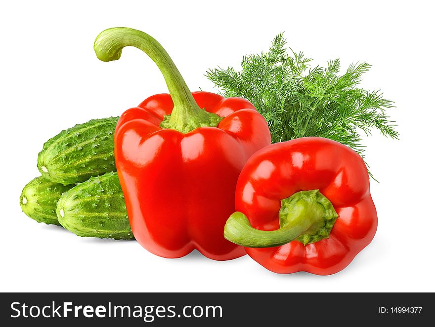 Cucumbers, bell peppers and dill over white background. Cucumbers, bell peppers and dill over white background