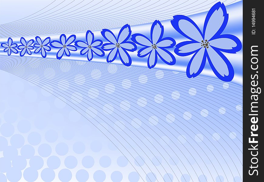 Abstract blue background with a stripe flowers receding into the distance