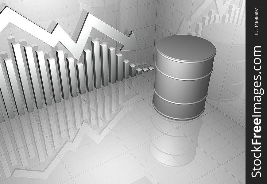 3D image of Oil Drum with Downward Pointing Arrow and Stock Chart in neutral color. 3D image of Oil Drum with Downward Pointing Arrow and Stock Chart in neutral color