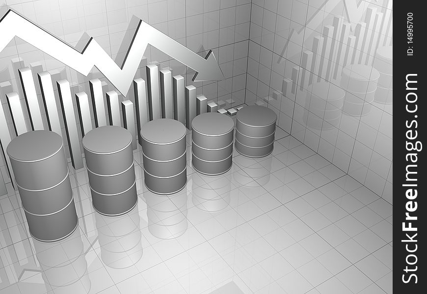 3D image of stock market chart with downward pointing arrow and five oil drums. 3D image of stock market chart with downward pointing arrow and five oil drums