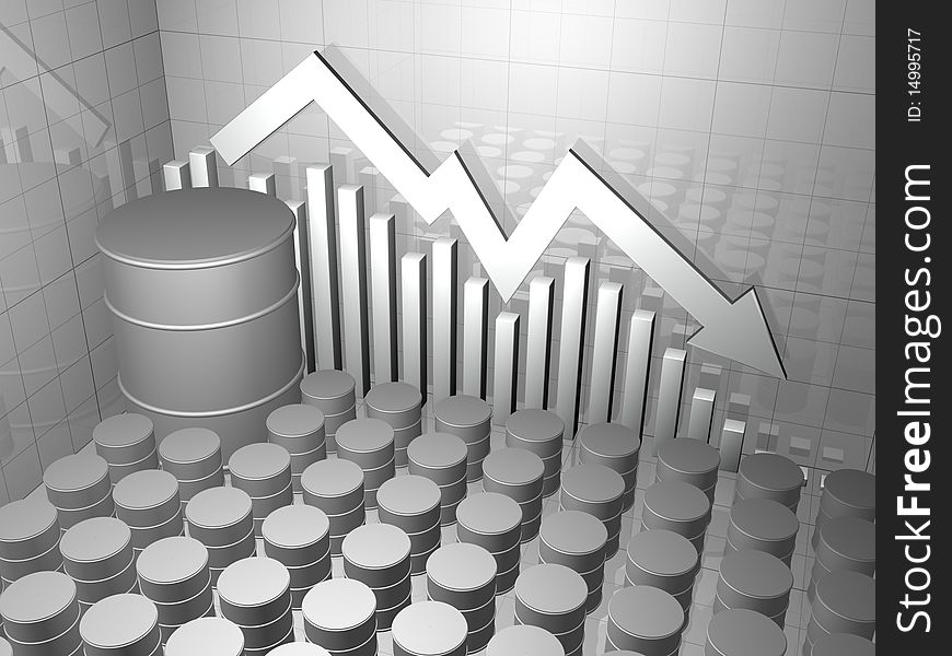 Rows of oil drums, one big oil drum and a stock market chart in neutral color. Rows of oil drums, one big oil drum and a stock market chart in neutral color