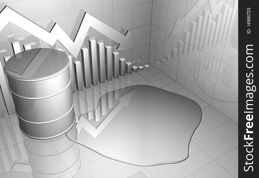 Big oil drum with oil spill and stock market graph