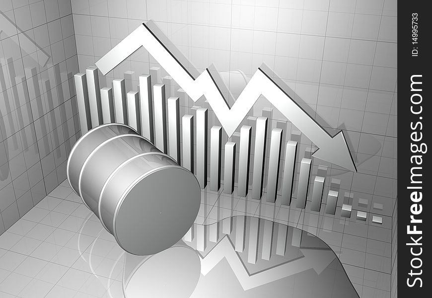 Oil drum with oil spill and downward pointing stock market chart and arrow in neutral color. Oil drum with oil spill and downward pointing stock market chart and arrow in neutral color