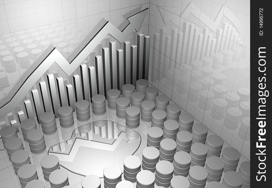 Oil spill surrounded by barrels of oil with upward pointing stock chart on a neutral background. Oil spill surrounded by barrels of oil with upward pointing stock chart on a neutral background.