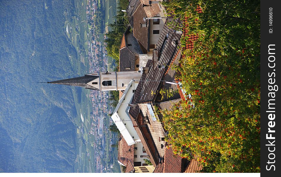 A view of the The view of Alpine-South Tyrol with the background of valley and church. A view of the The view of Alpine-South Tyrol with the background of valley and church.