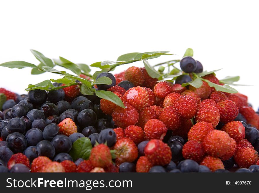 Wild strawberries and blueberries on a white background