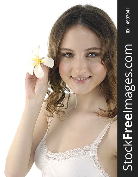 Sexy young woman holding white frangipani. Sexy young woman holding white frangipani
