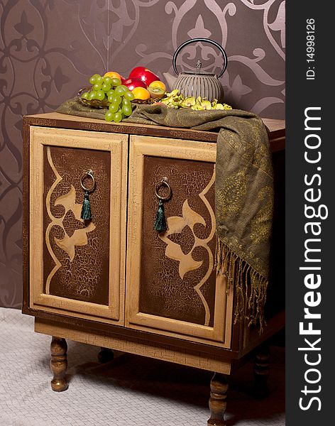 Wooden Chest Of Drawers In East Style With Fruits