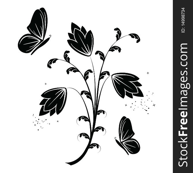Floral design with butterflies isolated on white, vector illustration
