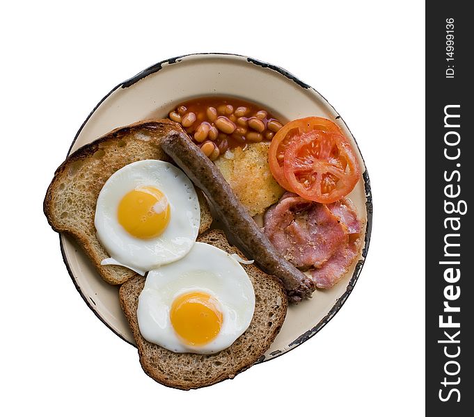 English farmstyle breakfast with eggs, bacon, tomato, beans and hash brown