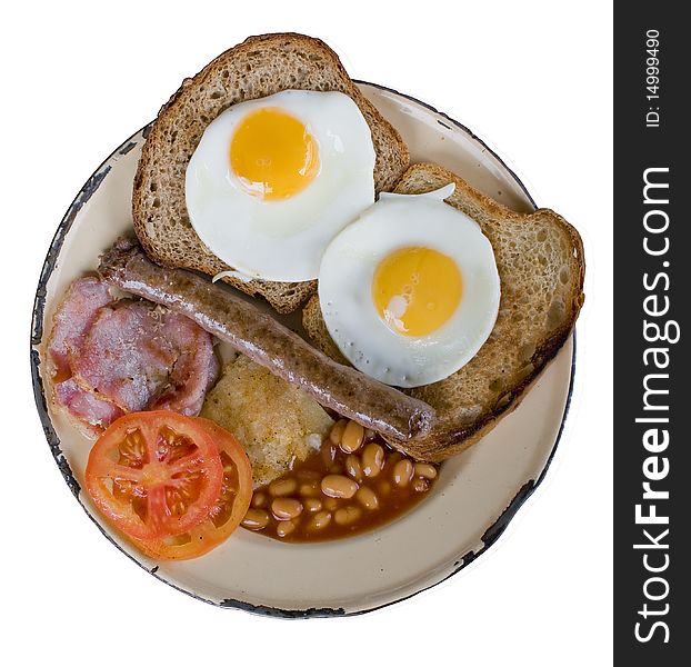 English farmstyle breakfast with toast, eggs, bacon, tomato, beans, sausage and hash brown