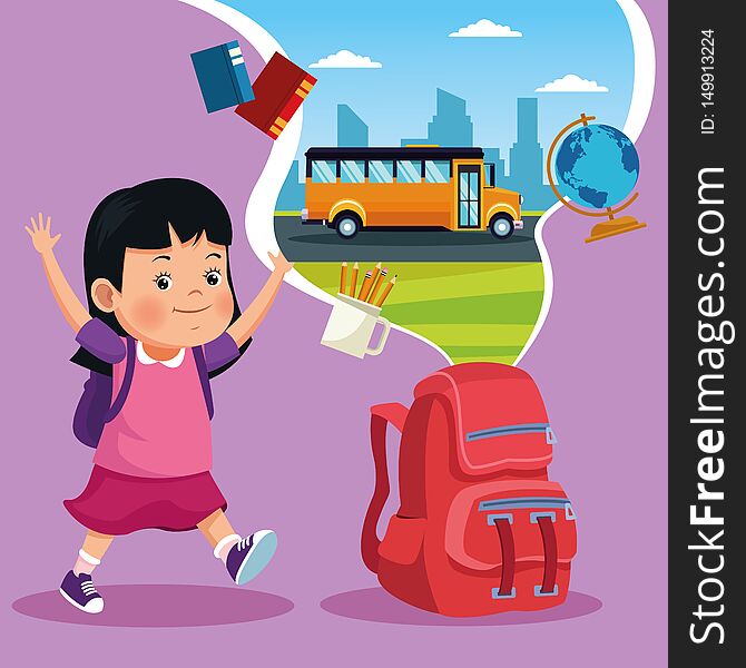 Student girl with backpack and school and classroom cartoons on colorful background, back to school concept. vector illustration graphic design. Student girl with backpack and school and classroom cartoons on colorful background, back to school concept. vector illustration graphic design