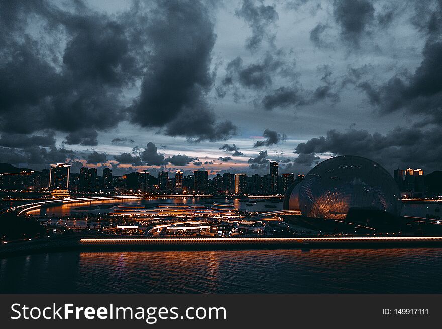 Aerial photo of zhuhai opera house night scene