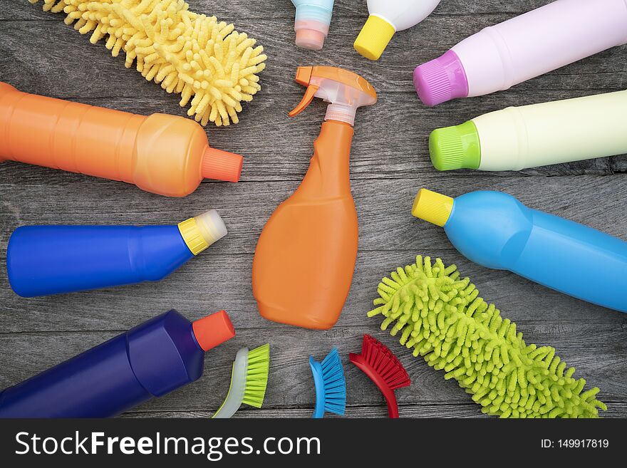 House cleaning product on wood table, top view