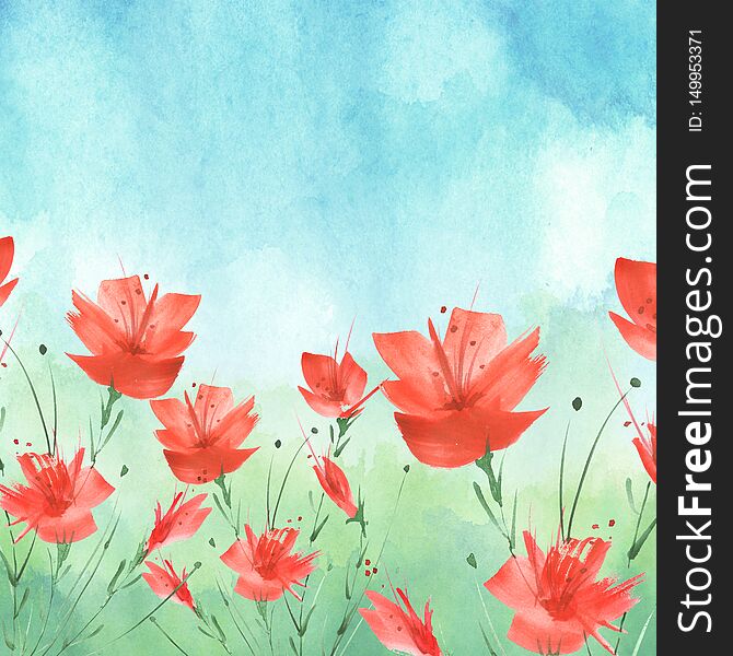 Watercolor painting. A bouquet of flowers of Blue,red poppies, wildflowers on a white isolated background. watercolor floral illustration, logo. Abstract green, blue,Violet splash of watercolor paint