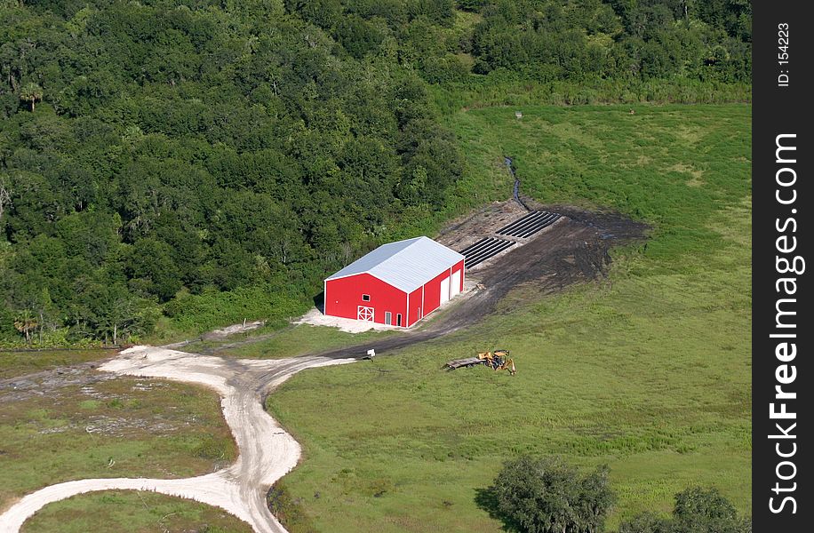 Aerial: red barn