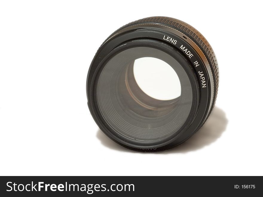Front view of 50mm SLR lens isolated on white background. Front view of 50mm SLR lens isolated on white background